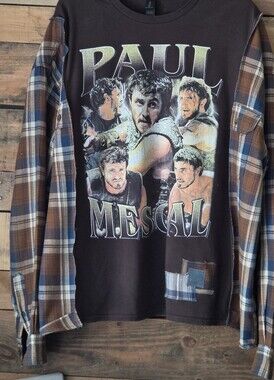 Upcycled Graphic  T-shirt with Plaid Flannel Sleeves